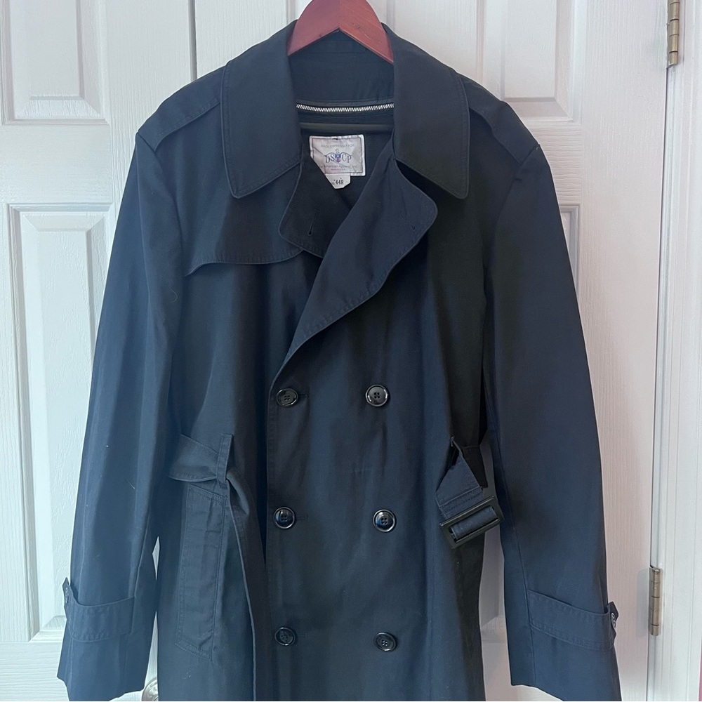 Military Tench Coat Mens 44R  Black Double Breasted Lined Belted Classic Preppy - Picture 6 of 9